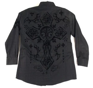 RAW STATE Cross Shirt Men XL BLACK Graphic Velour Print HONOR Button Long Sleeve - Picture 1 of 6