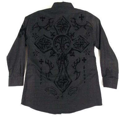 RAW STATE Cross Shirt Men XL BLACK Graphic Velour Print HONOR Button Long Sleeve - Image 1 of 4