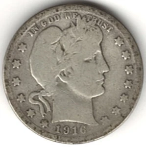 1916 D BARBER QUARTER in GOOD + condition ~ FULL RIM'S ~SEE THE SCAN stk s 001 - Foto 1 di 5