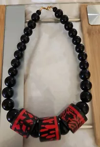 Black Bead Necklace With Large Fire Design Beads Japan 18 in - Picture 1 of 2