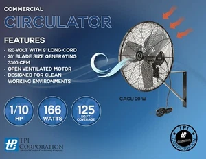TPI CACU20-W 20" Commercial Air Circulator Wall Mount 1780/1600/1420 CFM 120V - Picture 1 of 8