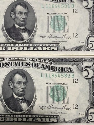 error  《Seal Up》 2 1950-A United States $5  Notes UNC Consecutive #s， Top Rare！ - Image 1 of 4