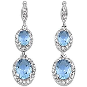 Halo Drop Dangle Chandelier Earring Oval Simulated Aquamarine Cz 925 Sterling Si