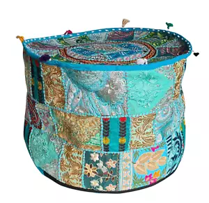 18"Indian Turquoise Cotton Patchwork Ottoman Pouf Cover Home Decor Cushion Cover - Picture 1 of 2