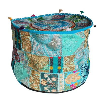 18"Indian Turquoise Cotton Patchwork Ottoman Pouf Cover Home Decor Cushion Cover - Image 1 of 2