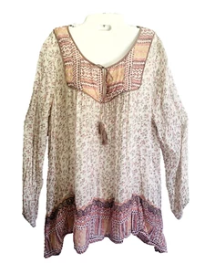 Free People Woman L? Read Top Long Sleeve Flowing Hippie Peasant Boho Metallic - Picture 1 of 13
