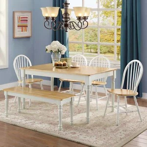 NEW Farmhouse Kitchenette Dinette Set Table 4 Armless Chairs And Bench, Seats 6 - Picture 1 of 12