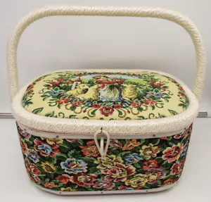 Vintage Brocade Floral Sewing Box Basket w Handle Woman Tapestry Made in Korea - Picture 1 of 11