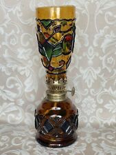 Vintage Amber Stained Glass Style Oil Lamp Red and Green Glass Made In Hong Kong