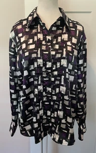 CHICOS Womens Button TOP Long Sleeve PURPLE Black Satin Geometric Size 2 (L/12) - Picture 1 of 5