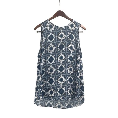 Camiseta sin mangas Theory para mujer 100 % seda concha grande azul blanco geométrica Foto 1 de 4