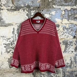 Vintage Made in USA 1X Red Fair Isle Snowflake V Neck 3/4 Sleeve Sweater - Bild 1 von 6