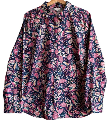 Talbots пейсли цветочный кнопка спереди Топ 100% хлопок длинным рукавом темно-розовый XL - Изображение 1 из 4