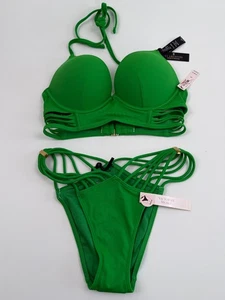 Victoria's Secret Swim Push Up Bikini Top Brazilian Bottom Set  Green 32B/S NWT - Picture 1 of 15