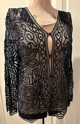 Women’s Navy Blue Silk Evening Jacket Sz 14 Formal Sheer Embroidered Floral Lace - Image 1 of 4