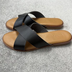 Cynthia Rowley Sandals Womens Size 6.5 Black Leather Cross Strap Slide Flat Shoe - Picture 1 of 9
