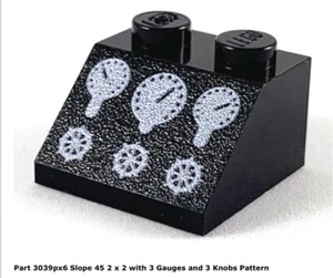 Lego 1x 3039px6 Black Slope 45 2x2 W/ 3 GAUGES AND 3 KNOBS PATTERN 6396 - Picture 1 of 1