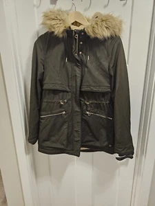 ZARA TRF Trafaluc Olive Army Green Hooded Warm Parka Coat Small Faux Fur Trim HD - Picture 1 of 13