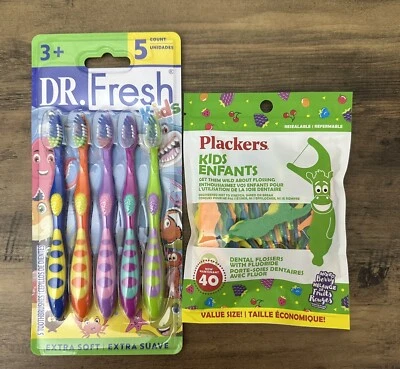 Escovas de dentes infantis Dr. Fresh 5 unidades + fio dental infantil Plackers 40 unidades - Imagem 1 de 4