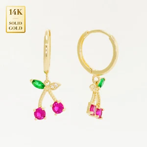 Pendiente Huggie aro colgante cereza roja circonita cúbica oro macizo real 14K joyería mínima - Imagen 1 de 4