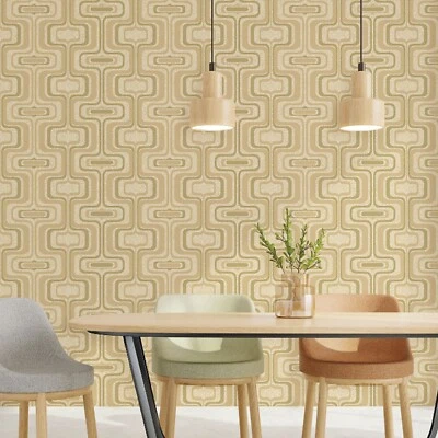 Retro geo Wallpaper olive tan beige faux fabric Textured trellis wavy lines 3D - Image 1 of 4