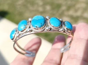 Classic 5 Stone Turquoise Sterling Silver Cuff Bracelet - Signed Running Bear - Picture 1 of 15