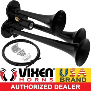 VIXEN HORNS TRAIN AIR HORN 3 TRUMPETS BLACK FOR TRUCK/CAR/SUV LOUD SOUND DB 12V - Picture 1 of 9