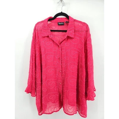Maggie Barnes 3X Pink Embroidered Sheer Button Down Blouse Top Plus Size - Image 1 of 4
