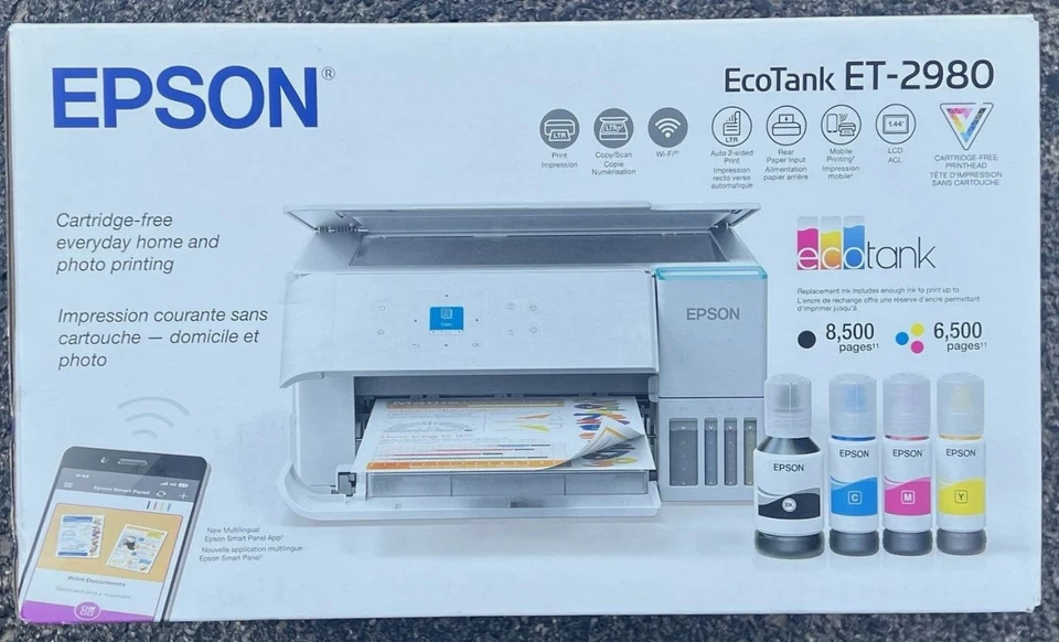 BRAND NEW Epson EcoTank ET2980 Wireless All-in-One Color Supertank Printer White - Image 1 of 1
