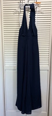 Mono Lulus Azul Marino Halter Pierna Ancha Talla Grande Forrado Cremallera Trasera Gasa Foto 1 de 4