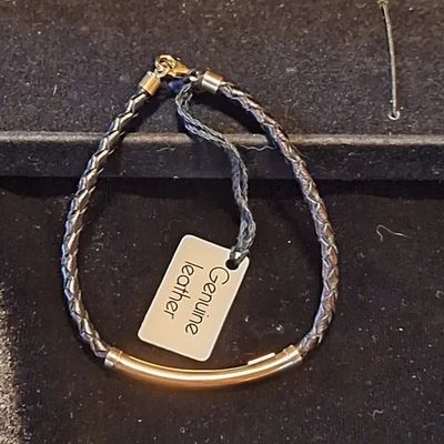 Hermosa Pulsera de Cuero Trenzado Barra Estación Pulida de 7-1/4" 14K Foto 1 de 4