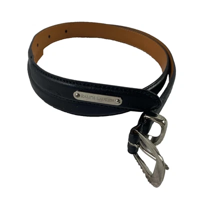 Cinturón Ralph Lauren Mujer Pequeño 28 Negro Cuero Italiano Hebilla Plateada Foto 1 de 4