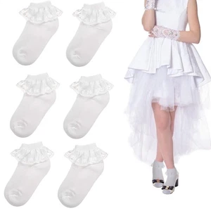 6 Pack Girls Frilly Socks Lace Ruffle with Bow White Ankle School Cotton - Picture 1 of 7