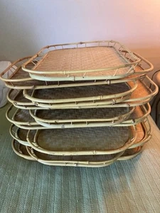 10 Vintage Wicker Rattan Bamboo Serving Trays Tiki Lap Stacking Mid Century Boho - Picture 1 of 4