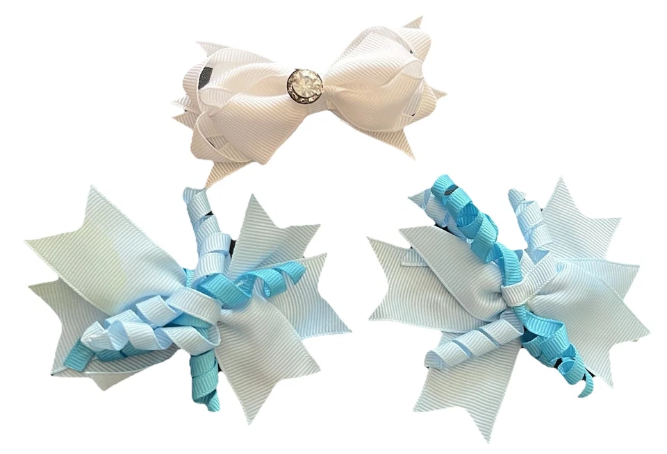 3pc Hand Made Hair Bow Set Two Blue And One White - Image 1 of 1