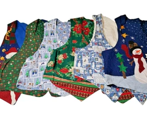Handmade Quilted Vest LOT Vtg Christmas 90s Folk Art Fabric Panel Women Sz Large - Picture 1 of 22
