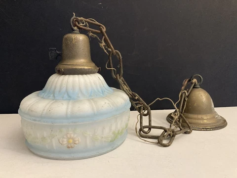 Vintage / Antique  Brass Pendant Ceilight Light w Chain & Satin Milkglass Shade Cover