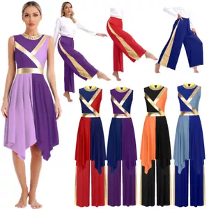 Women's Praise Dance Dress Overlay and Tunic Baggy Pant Metallic Lyrical Costume - Picture 1 of 69