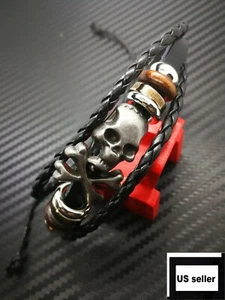 Men Women Skull Crossbones Bracelet Adjustable Surfer Leather Bead Metal Biker - Picture 1 of 3