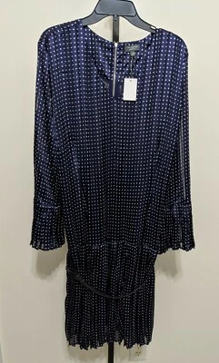 Vestido recto plisado azul marino The Limited Plus para mujer lunares cinturón campana 22W Foto 1 de 4