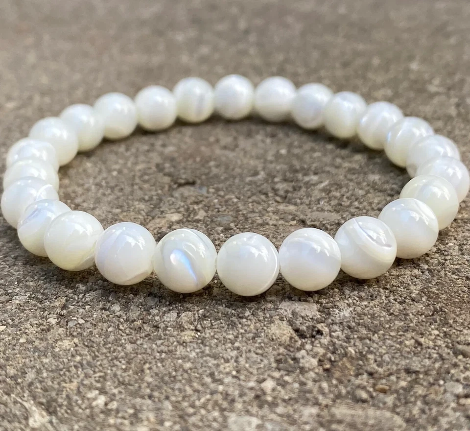 8mm Large Mother of Pearl Beaded Bracelet June Birthstone Reiki Women Gift - Image 1 of 4