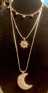 Gold Tone 3 Piece CELESTIAL NECKLACE SUN & MOON, Rhinestones, NIB,Beautiful, 36” - Picture 1 of 11