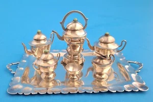 ANTIQUE MEXICO DF 925 STERLING SILVER & TURQUOISE MINIATURE DOLLHOUSE TEA SET - Picture 1 of 5