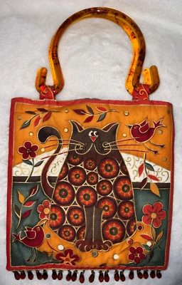 Bolso de mano acolchado dorado vintage gato con cuentas asas de caparazón de tortuga A15 Foto 1 de 4