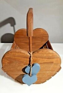 Slatted Decorative Wooden Basket with one handle Heart Shaped Ends Display Decor