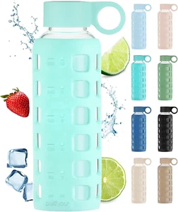 40/32/22/12 Oz Borosilicate Glass Water Bottles with Volume Markers, Silicone Sl - Picture 1 of 12