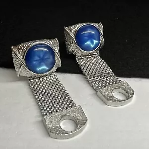Vintage Swank Blue Glass Cabochon Silver Tone Mesh Cufflinks - Picture 1 of 5