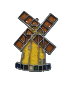 Vintage Sonnenfänger - Buntglas: Windmühle gelb & braun Metall Hängekreis - Bild 1 von 5