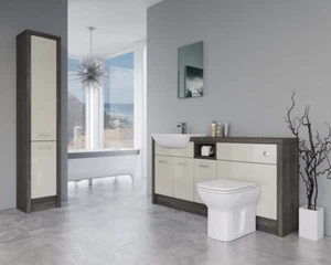 BATHROOM FITTED FURNITURE 1700MM CREAM GLOSS / MALI WENGE D1 WITH TALL UNIT - BA - Picture 1 of 5