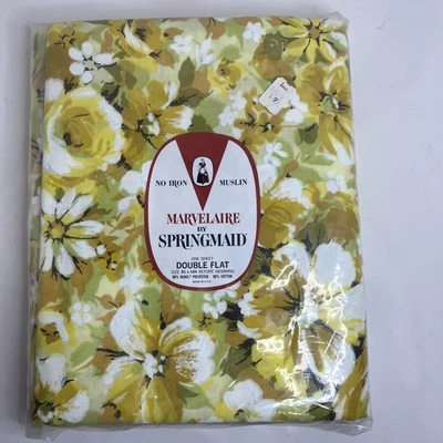 Folha plana dupla Marvelaire By Springmaid padrão flor lua amarela vintage - Imagem 1 de 4